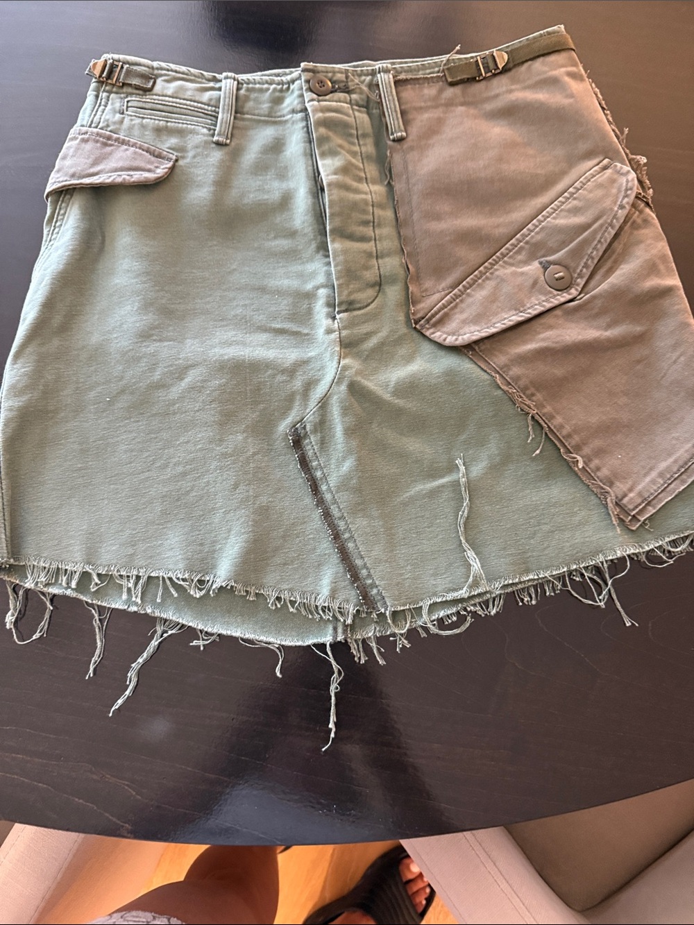 MOTHER Two-Tone Olive Green Utility Mini Skirt with Frayed Hem. New never worn.